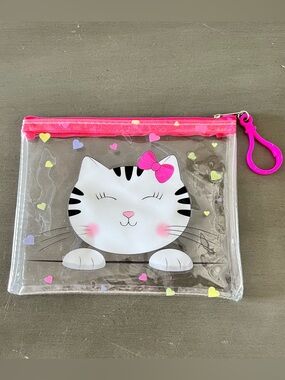 Black & White Cat Pink Bow Coquette Girl Multicolor Heart 6" Makeup Cosmetic Bag